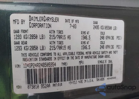 2004 Dodge Grand Caravan Se z USA, uszkodzony, nr VIN 1D4GP24R24B505954